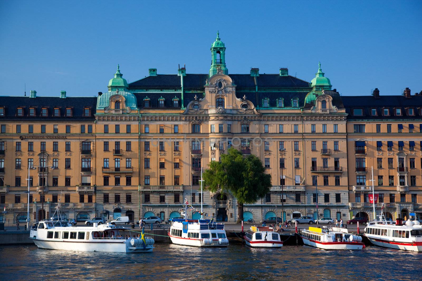 Stockholm, Sweden in Europe. Waterfront view on architecture and ships