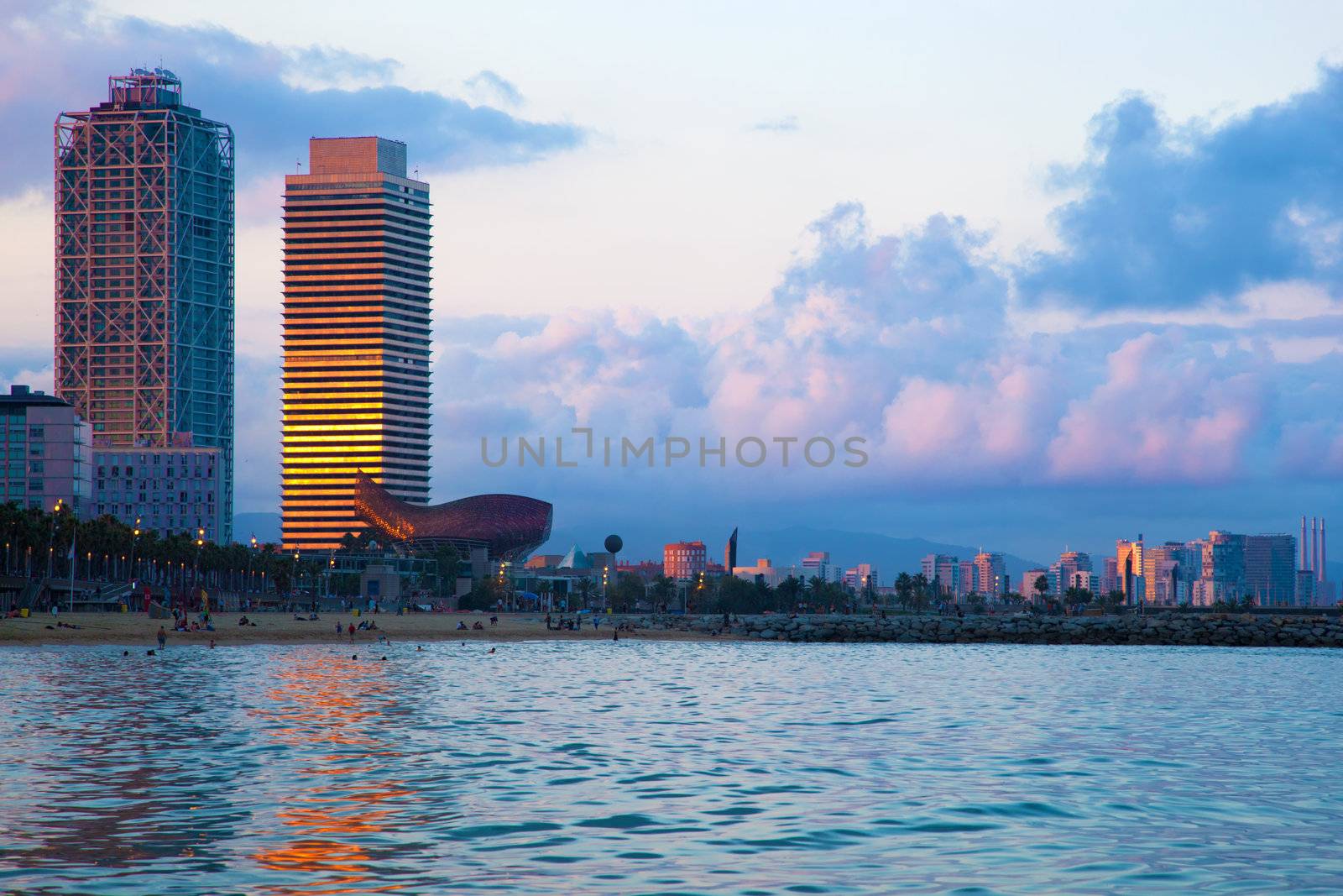 Barcelona skyline from sea. Barceloneta beach