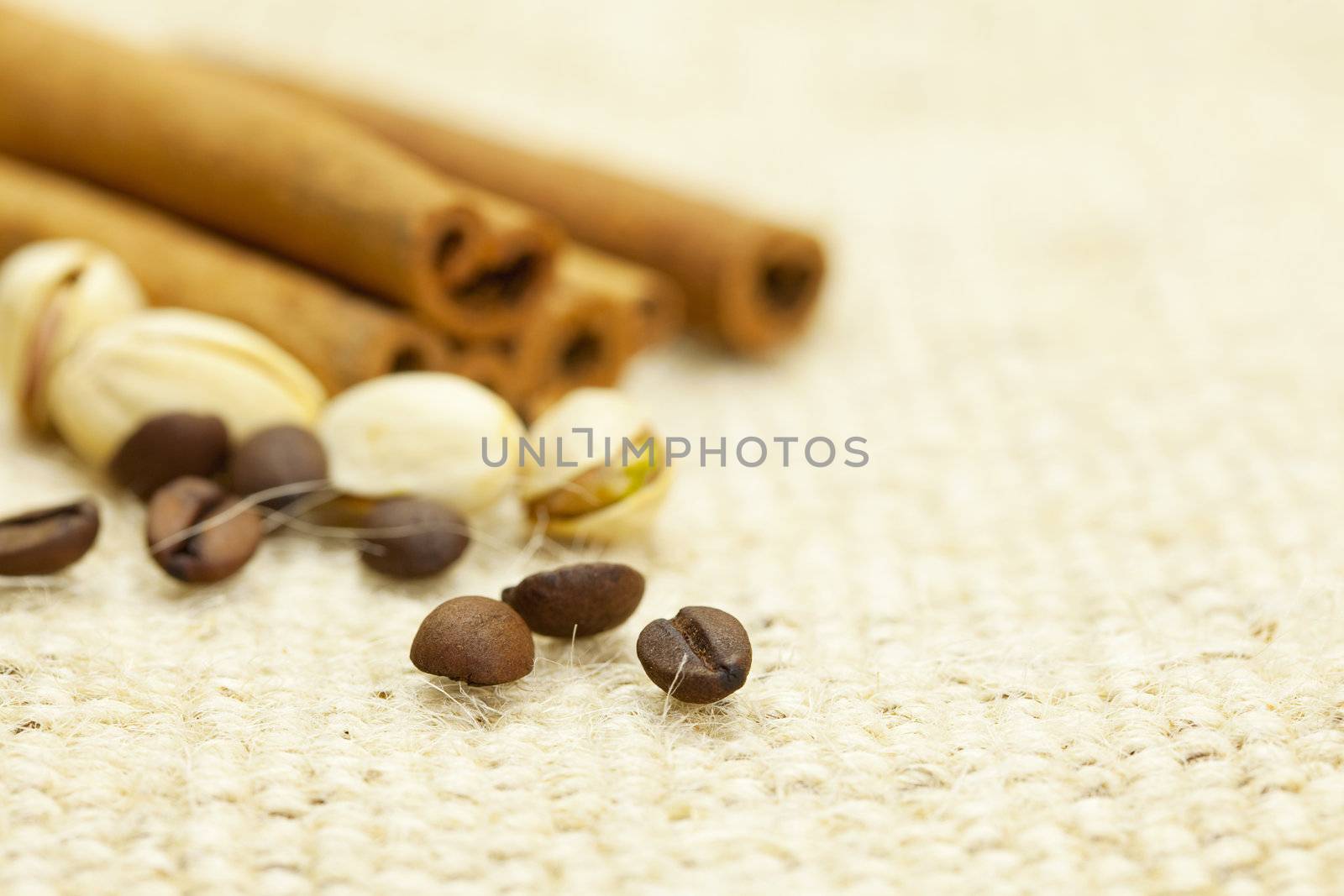cinnamon and coffee  on a wicker mat