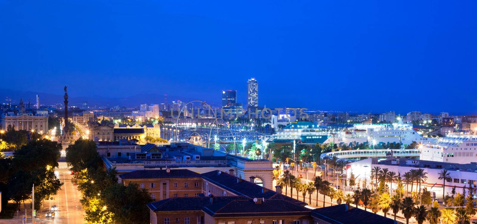 Barcelona, Spain skyline at night. Horbor view