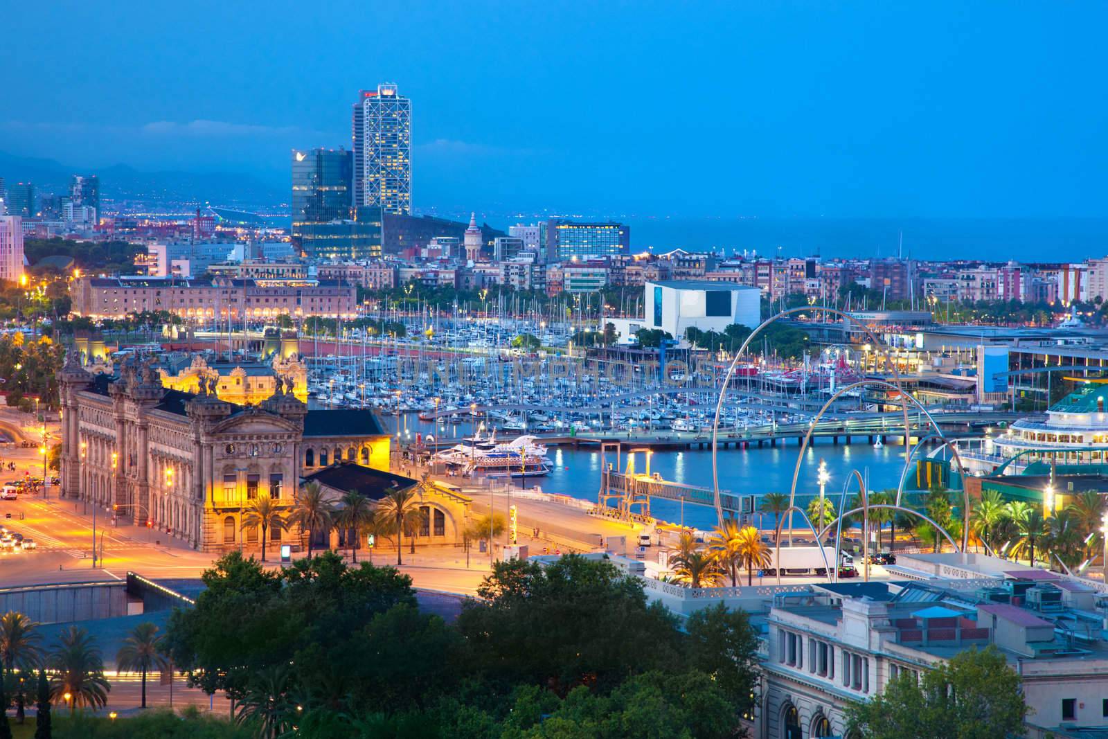 Barcelona, Spain skyline at night. Horbor view