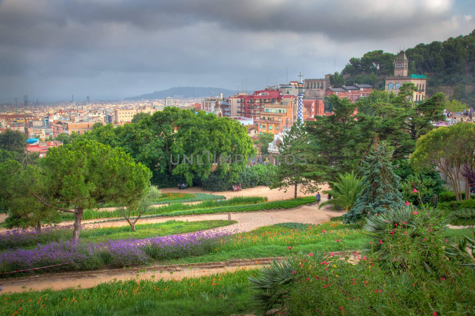 Building in Park Guell, view on Barcelona, Spain