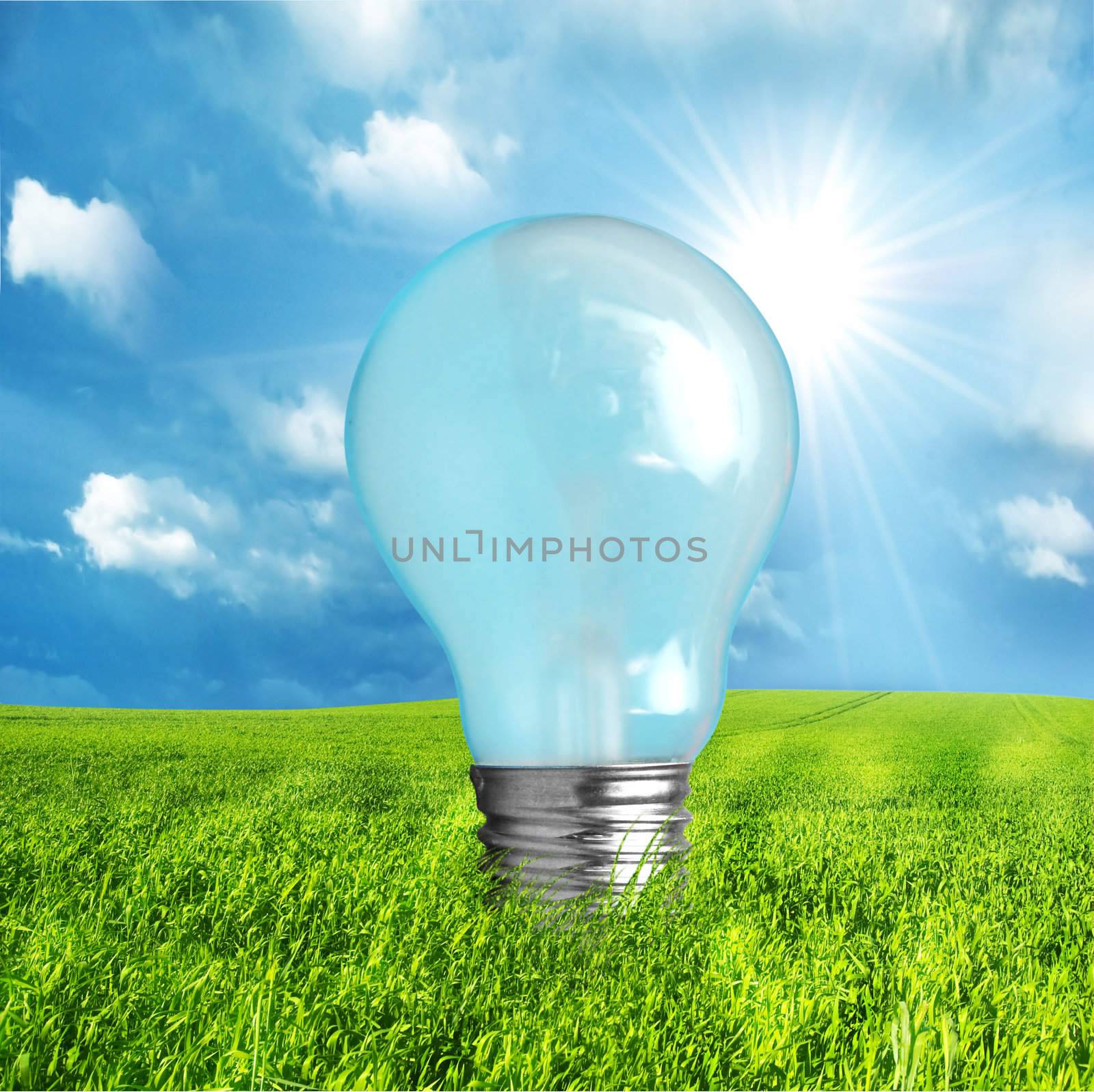 Green energy concept. Light bulb on nature background