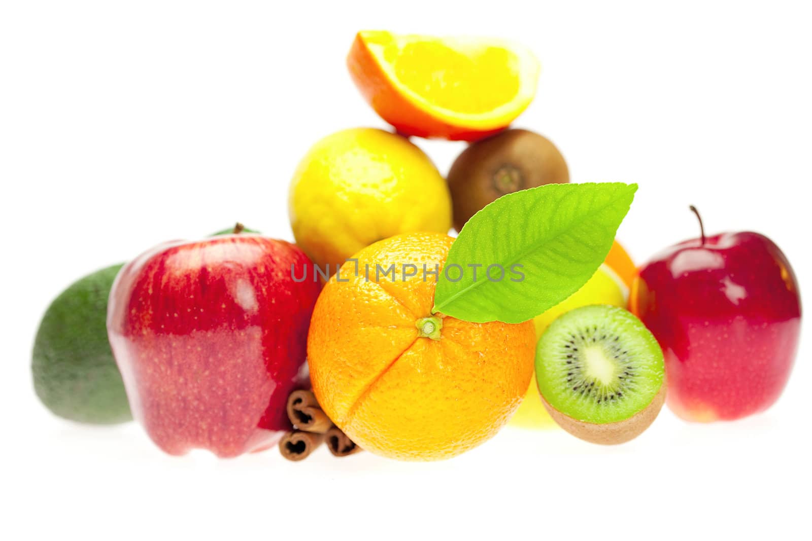 kiwi, avocado, apples, orange, lemon, and cinnamon, isolated on  by jannyjus