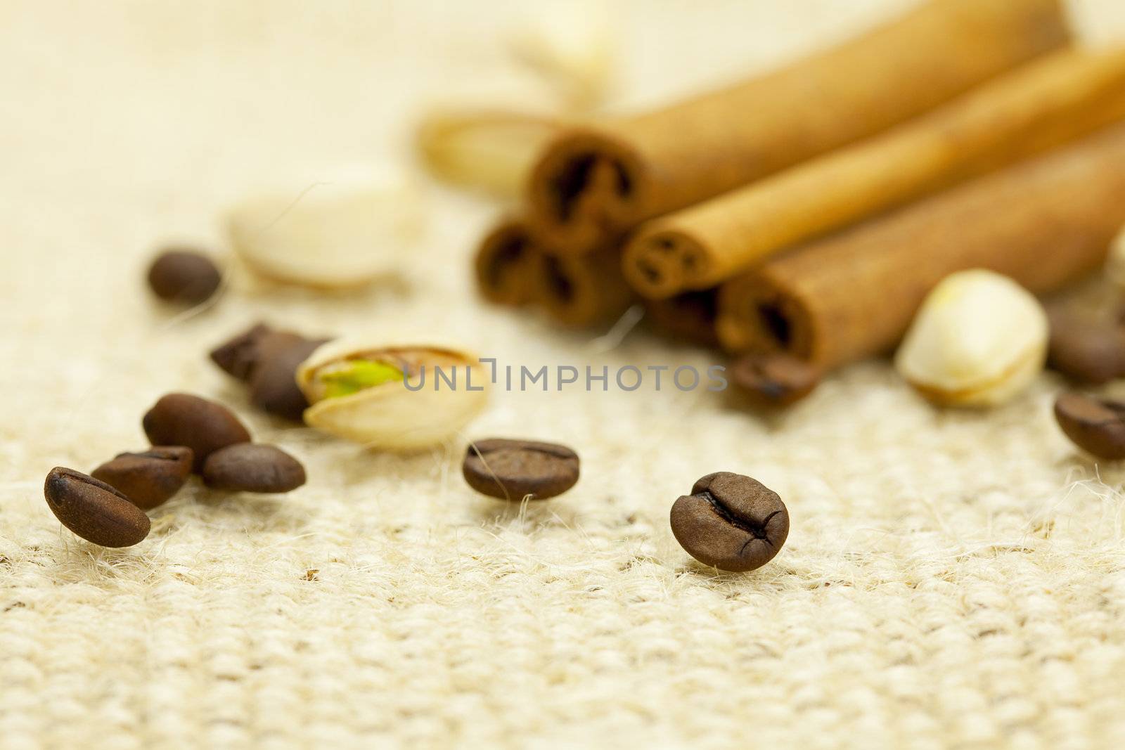 cinnamon and coffee  on a wicker mat