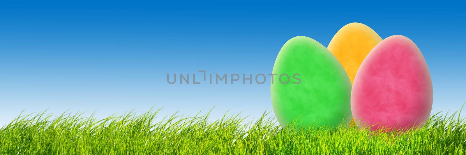Perfect easter background. Colorful easter eggs and blue sky