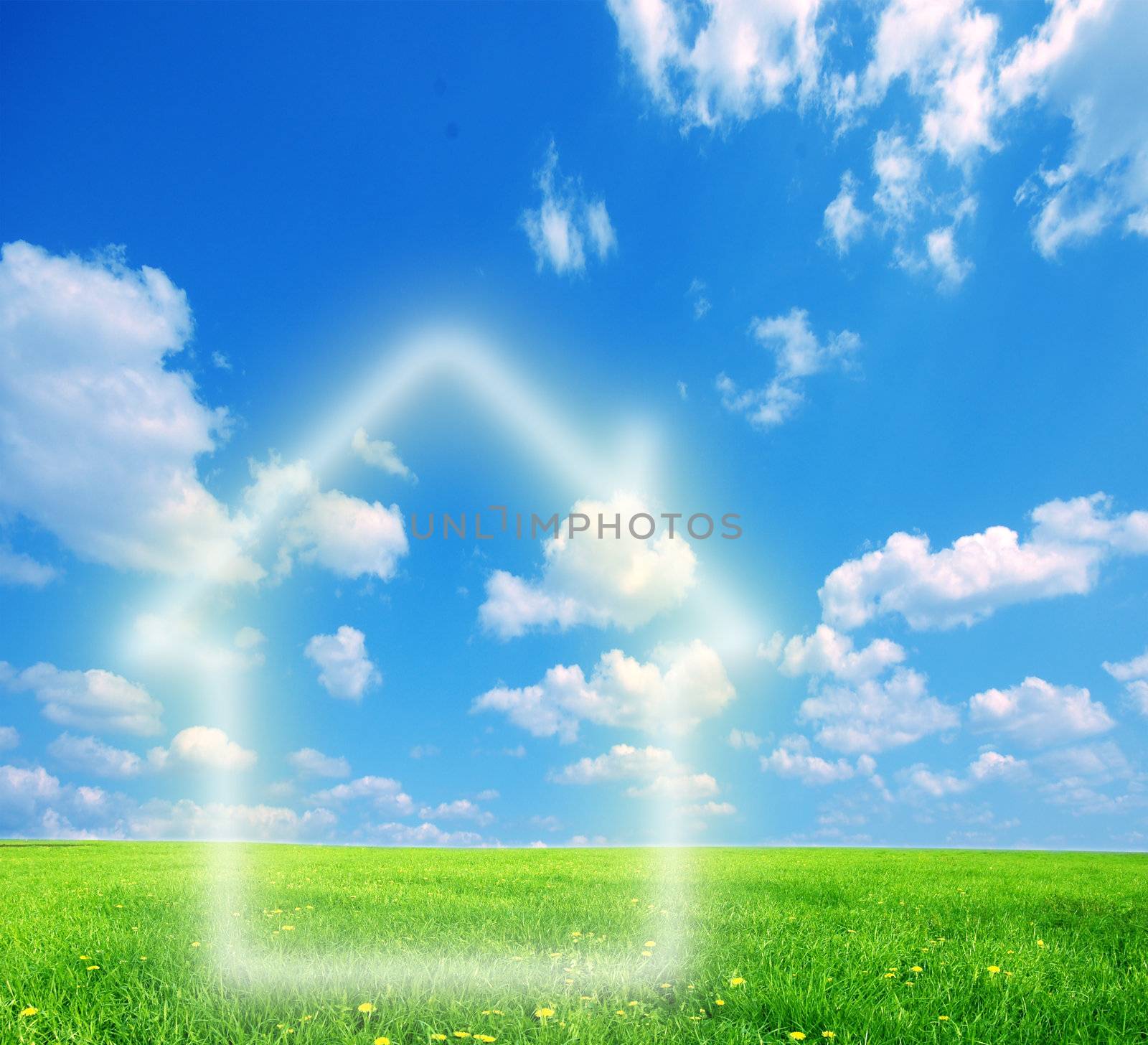 House imagination on green land. Conceptual image