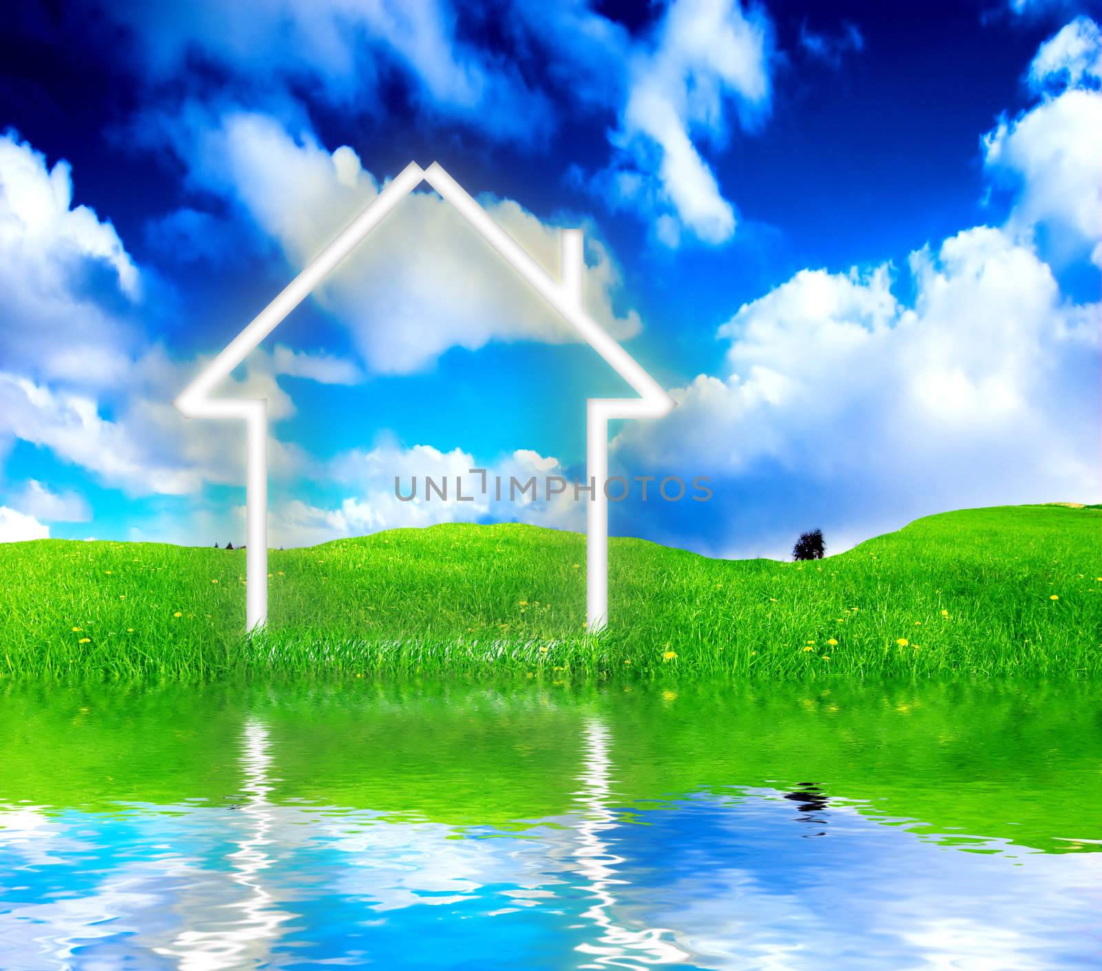 New house imagination vision on green meadow. Conceptual image