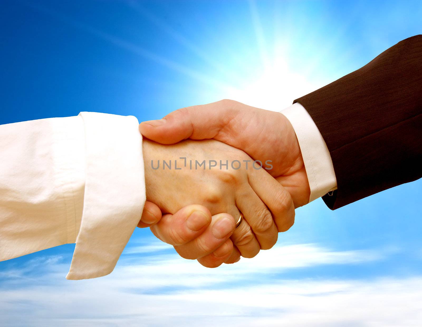 Business handshake on sunny sky background