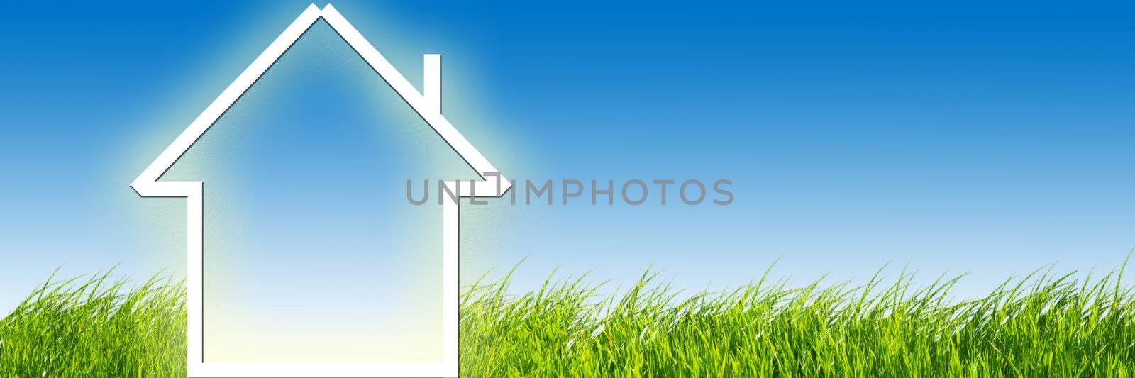 New house imagination on green meadow. Conceptual image, panoramic version