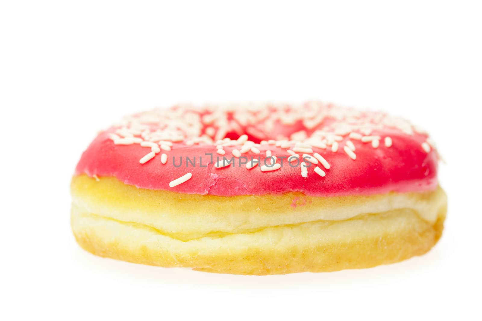 Donut with chocolate and colorful sprinkles, isolated on white by jannyjus