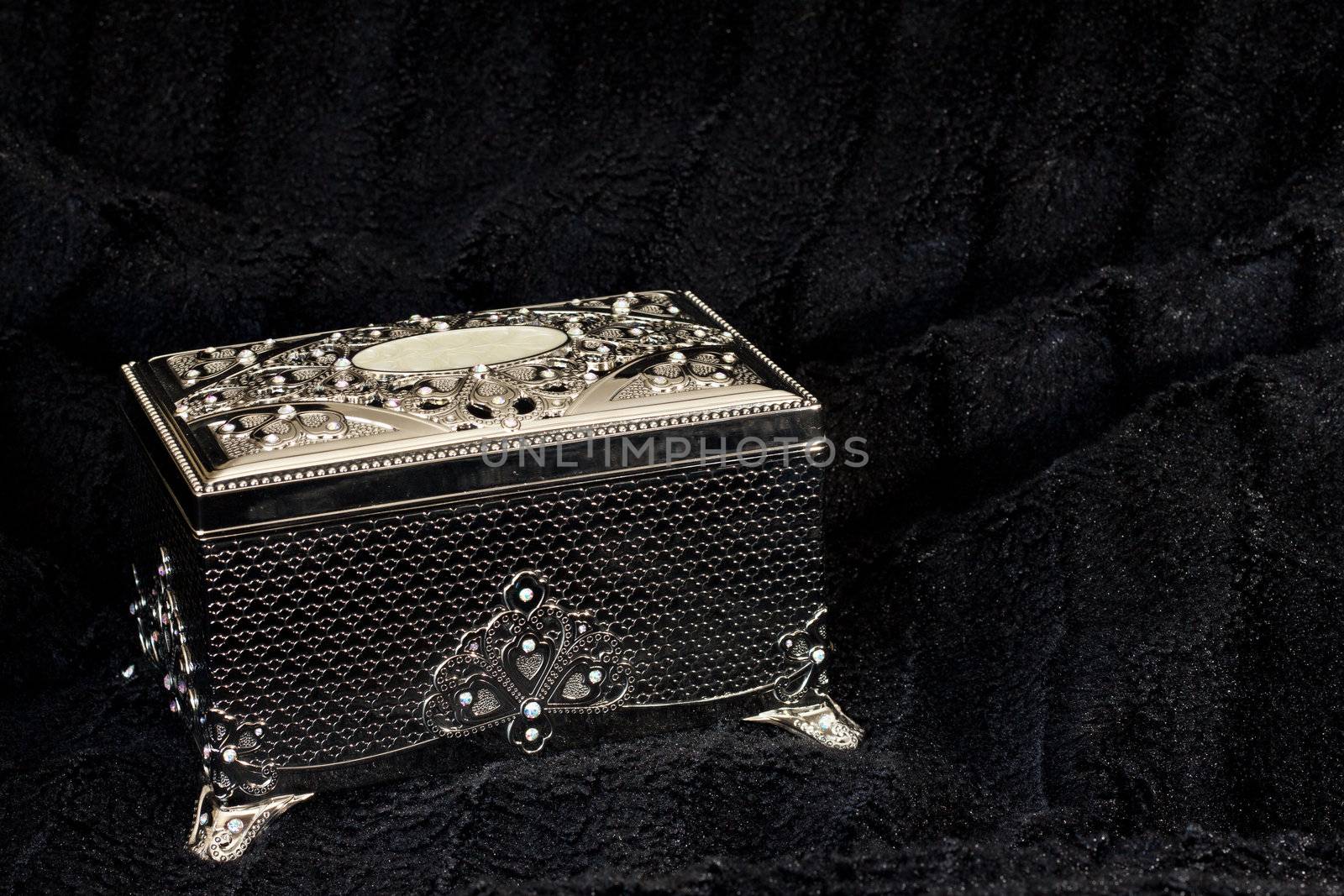 A silver box on a black fur