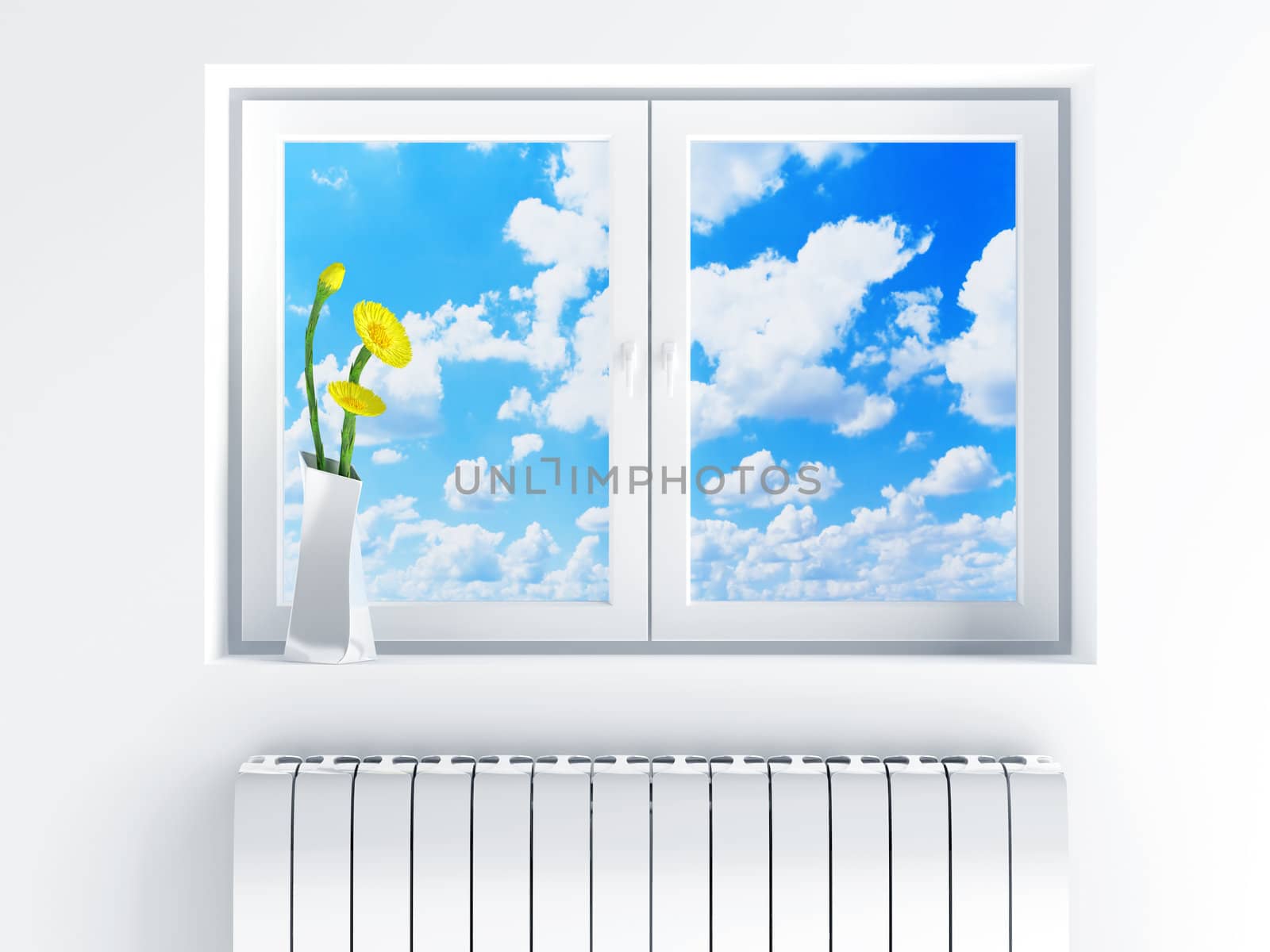 window with cloudy sky and flowers on sill
