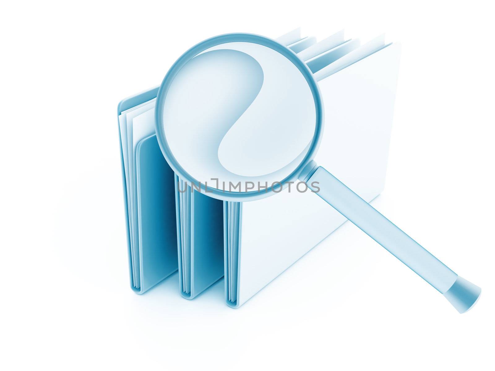 folders with papers under magnifier on a white background