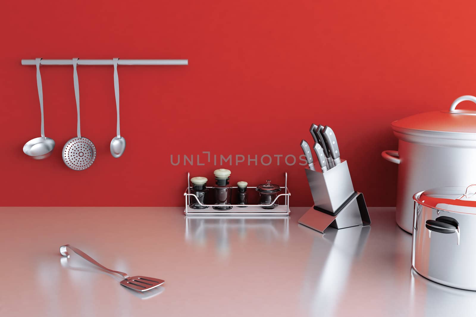 metallic kitchenware on a background of red wall by Serp