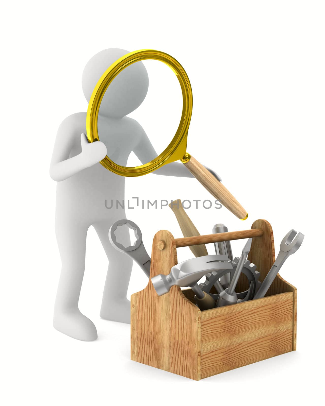 Man with magnifier and toolbox. Isolated 3D image