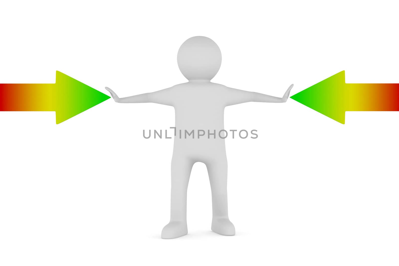 man and arrows on white background. Isolated 3D image