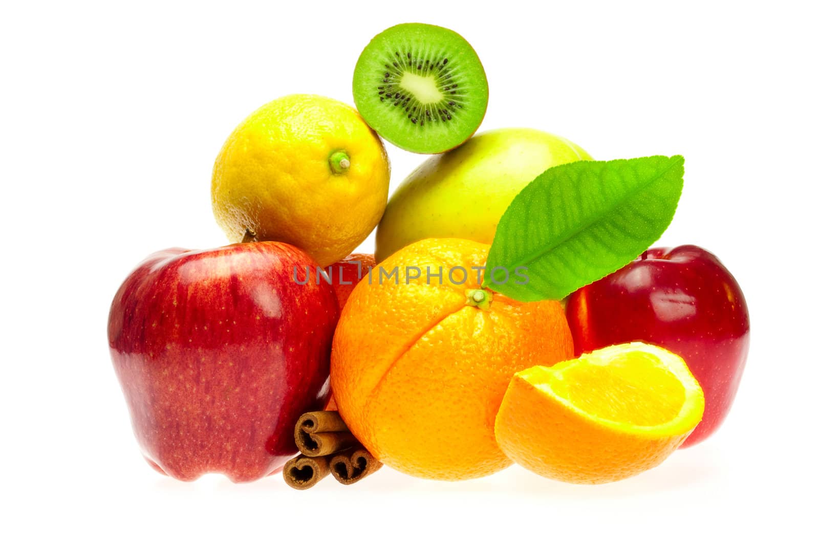 kiwi, avocado, apples, orange, lemon, and cinnamon, isolated on  by jannyjus
