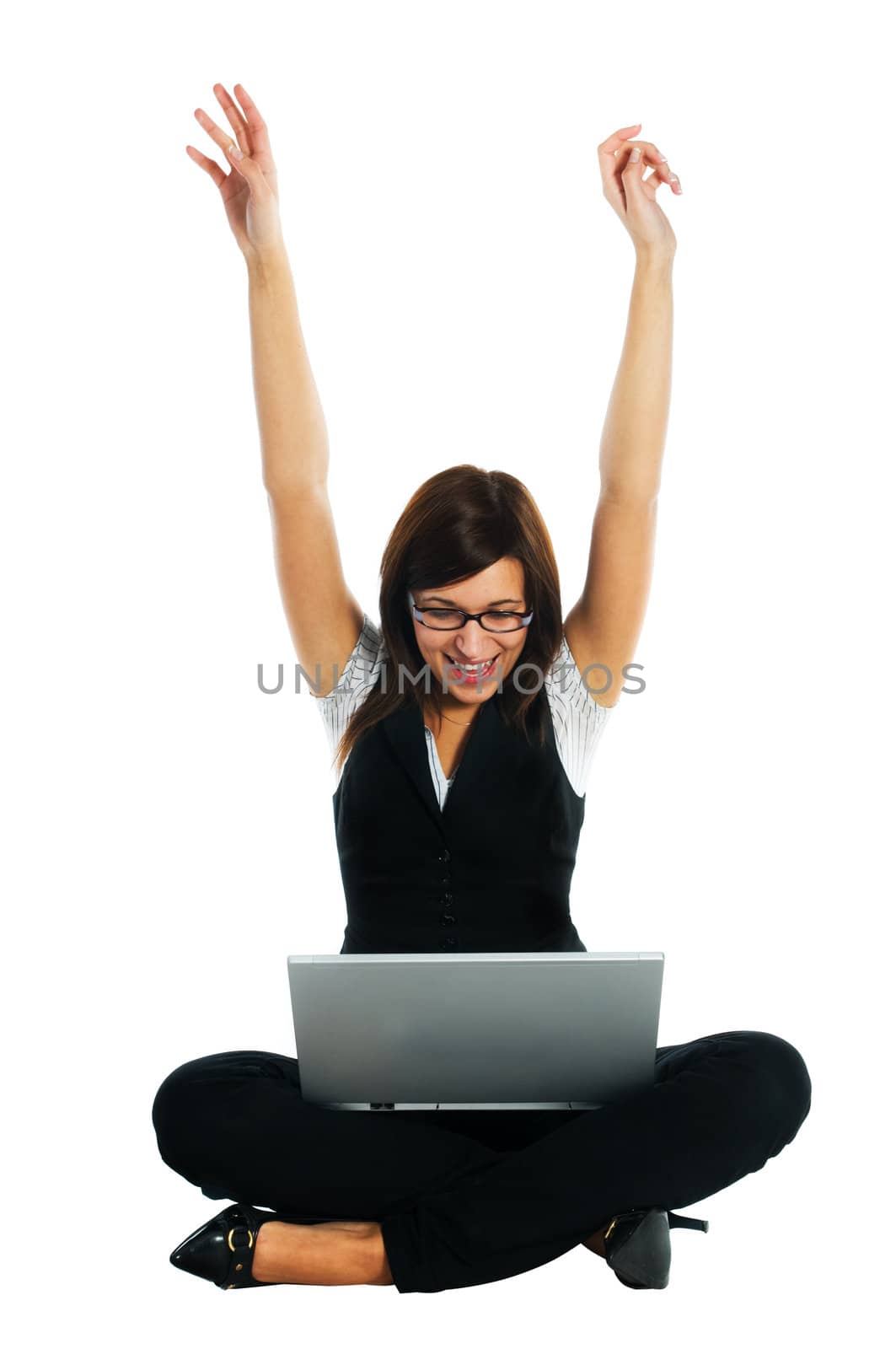 Happy businesswoman with laptop by photocreo