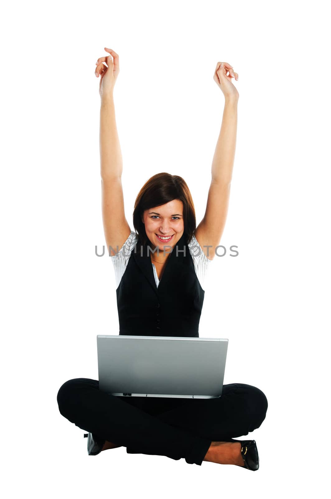 Successful busineswoman with laptop on white background