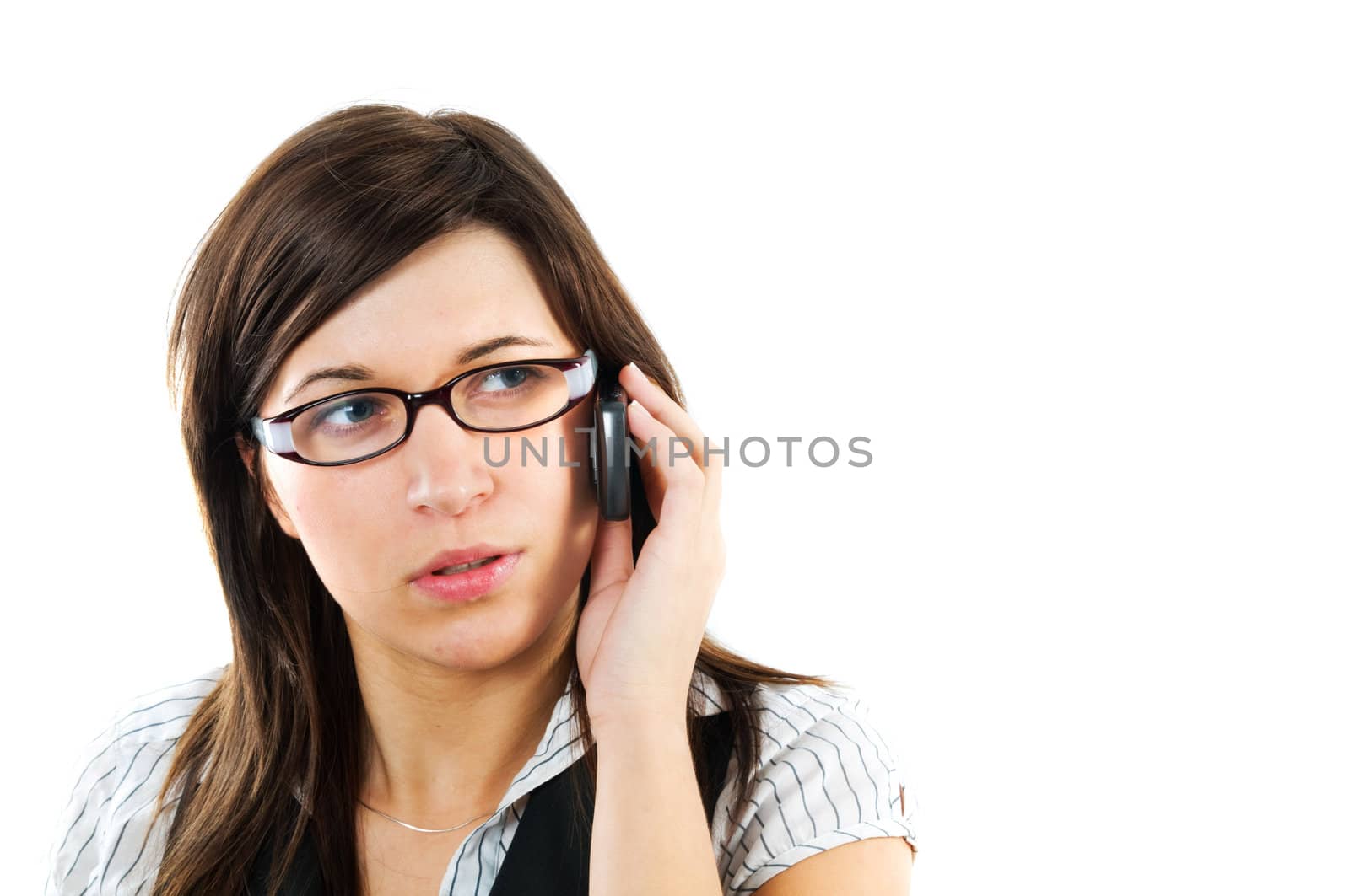 Businesswoman having phone conversation. Isolated on white background