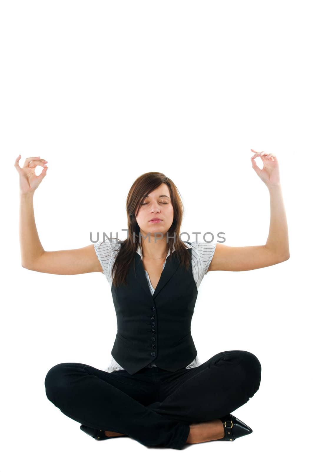 Businesswoman relaxing, meditating. Isolated on white background