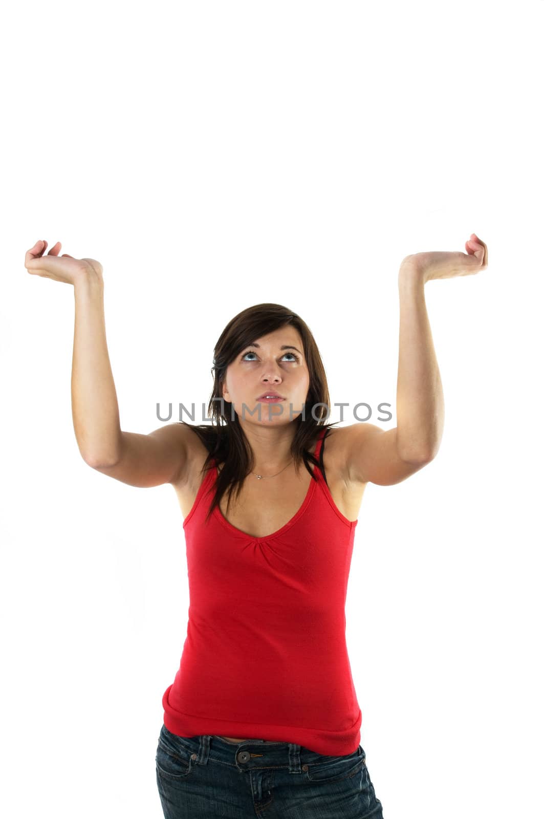 Young woman with hands raised holding something - space for you