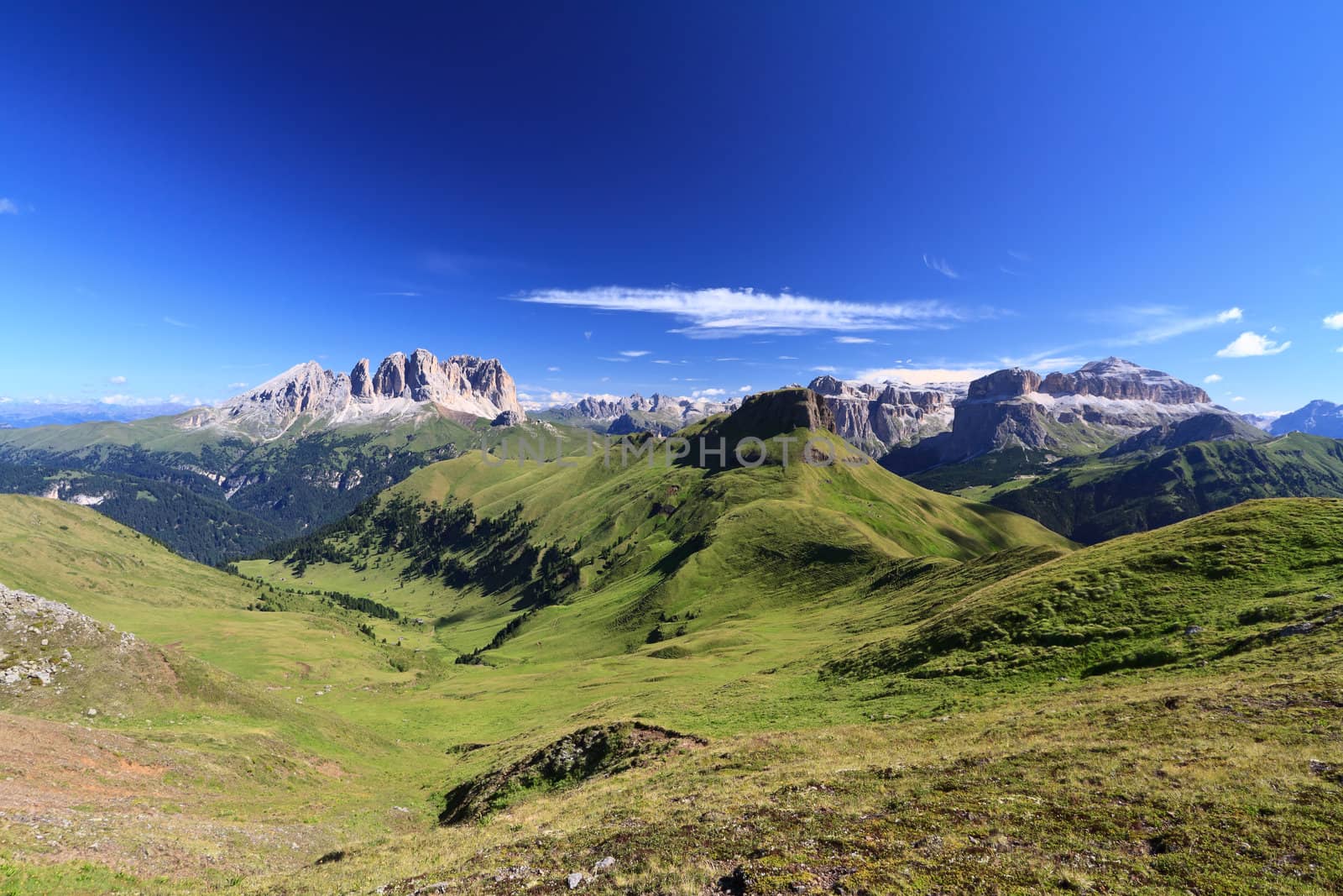 summer landscape of Italian Dolomites with Sella and Sassolungo groups