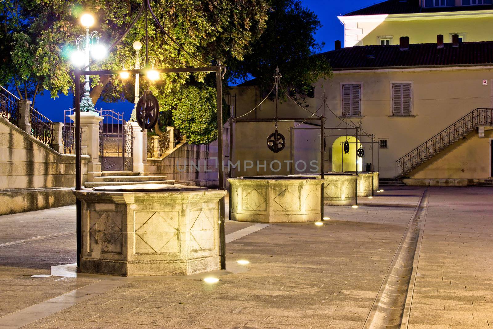 Five wells square in Zadar night view, Dalmatia, Croatia