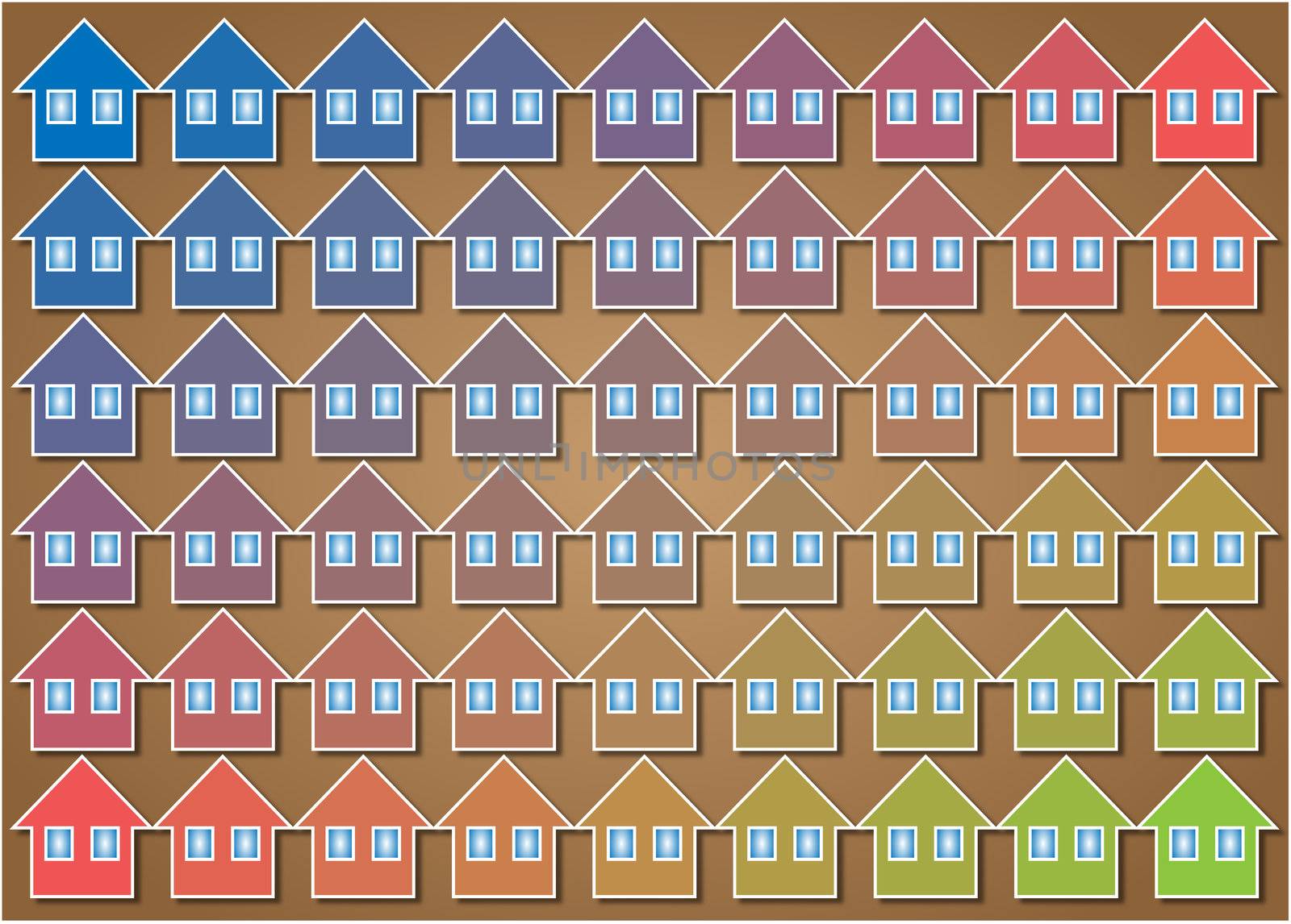 texture formed by regularly spaced houses of different colors group home