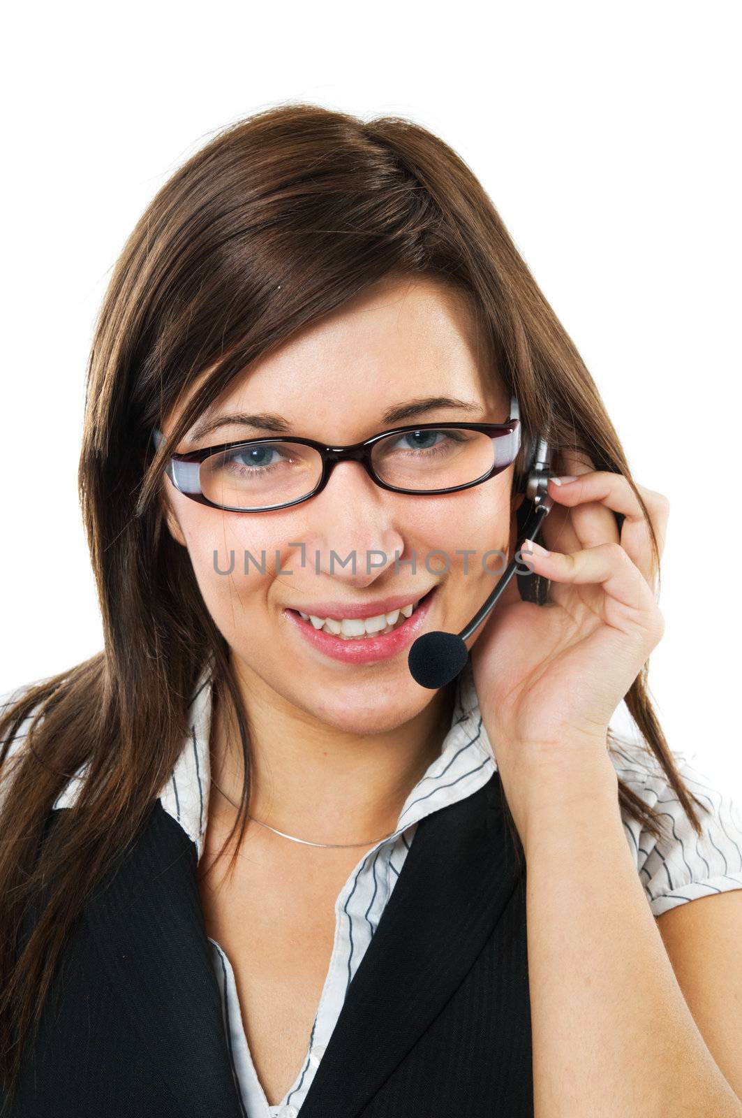 Friendly customer service agent smiling during telephone conversation