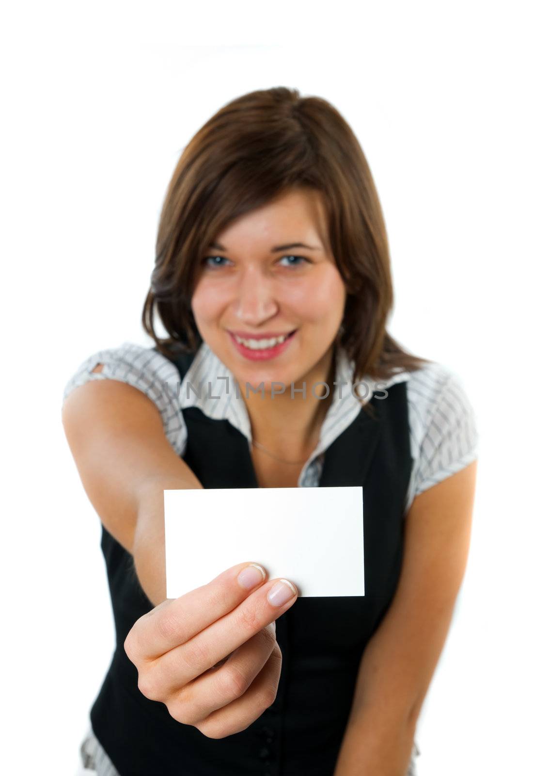 Businesswoman showing empty business card by photocreo