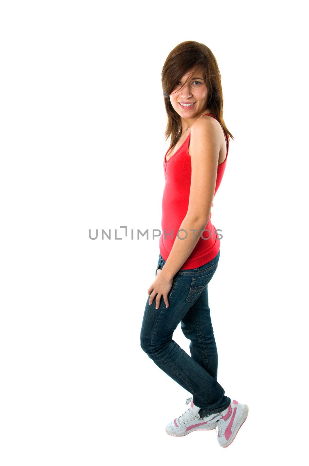 Happy teenager girl on white by photocreo