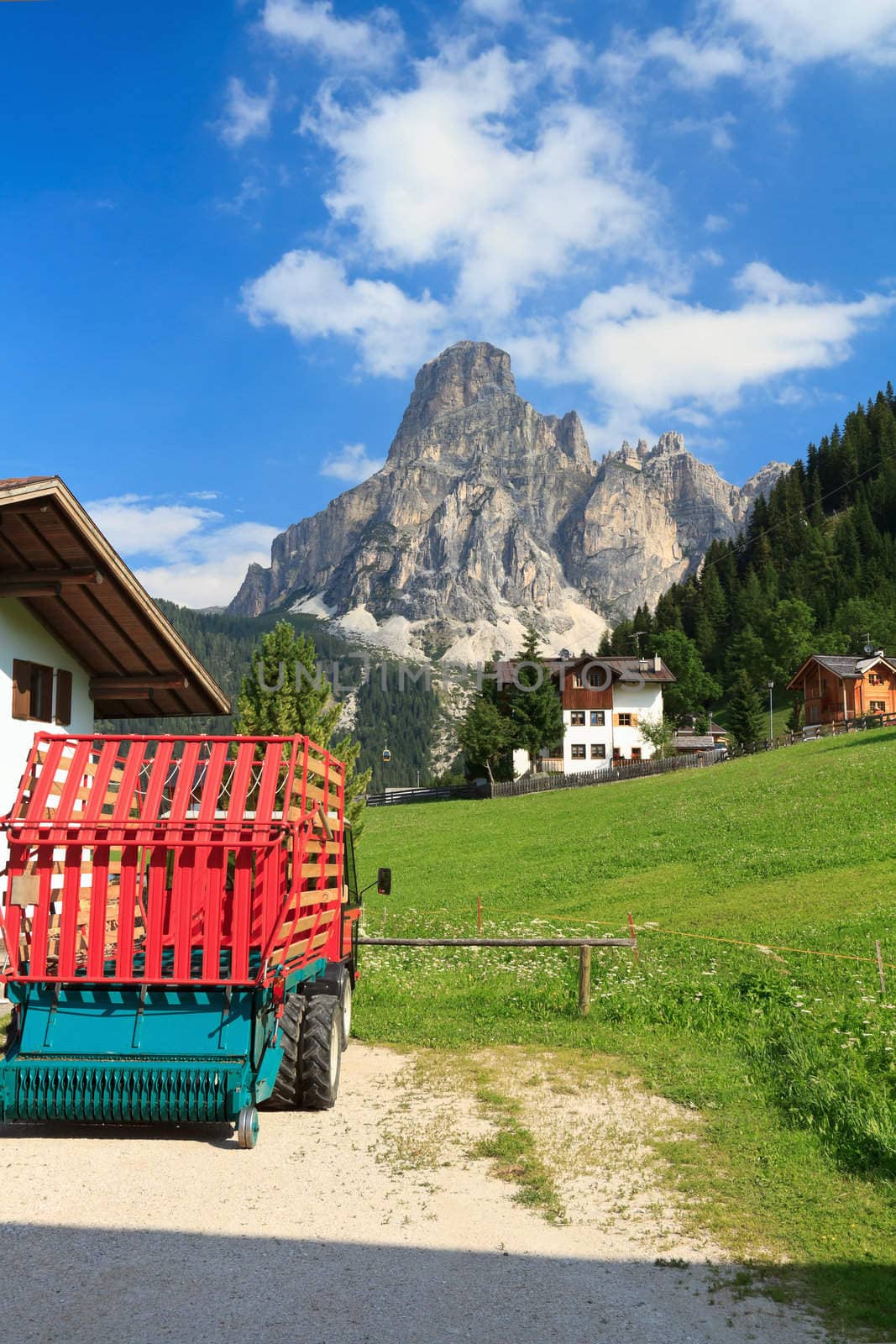 Sassongher mount from Corvara on summer, Badia Valley, Italy