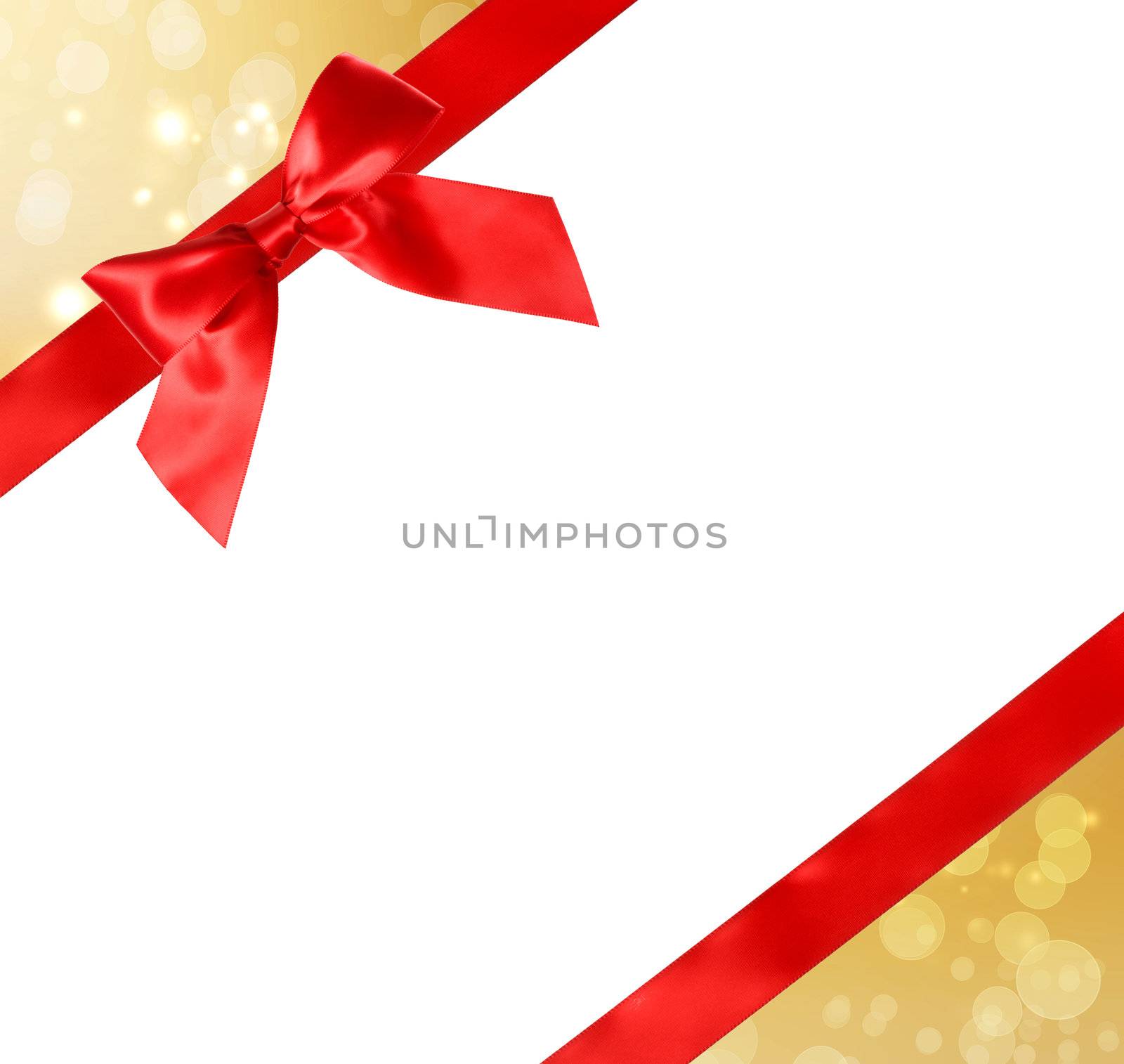 Red Bow and Ribbon with Gold Abstract Lights and White Background 