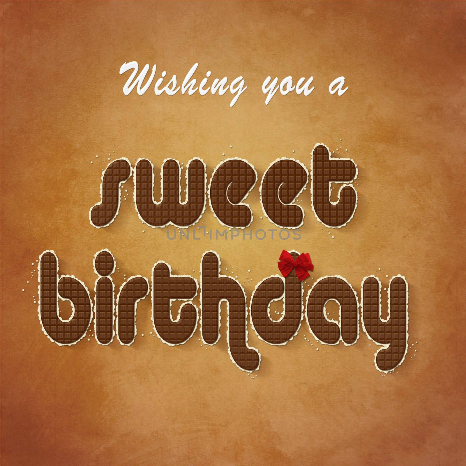 A chocolate birthday greeting with a red bow on a grunge background.
