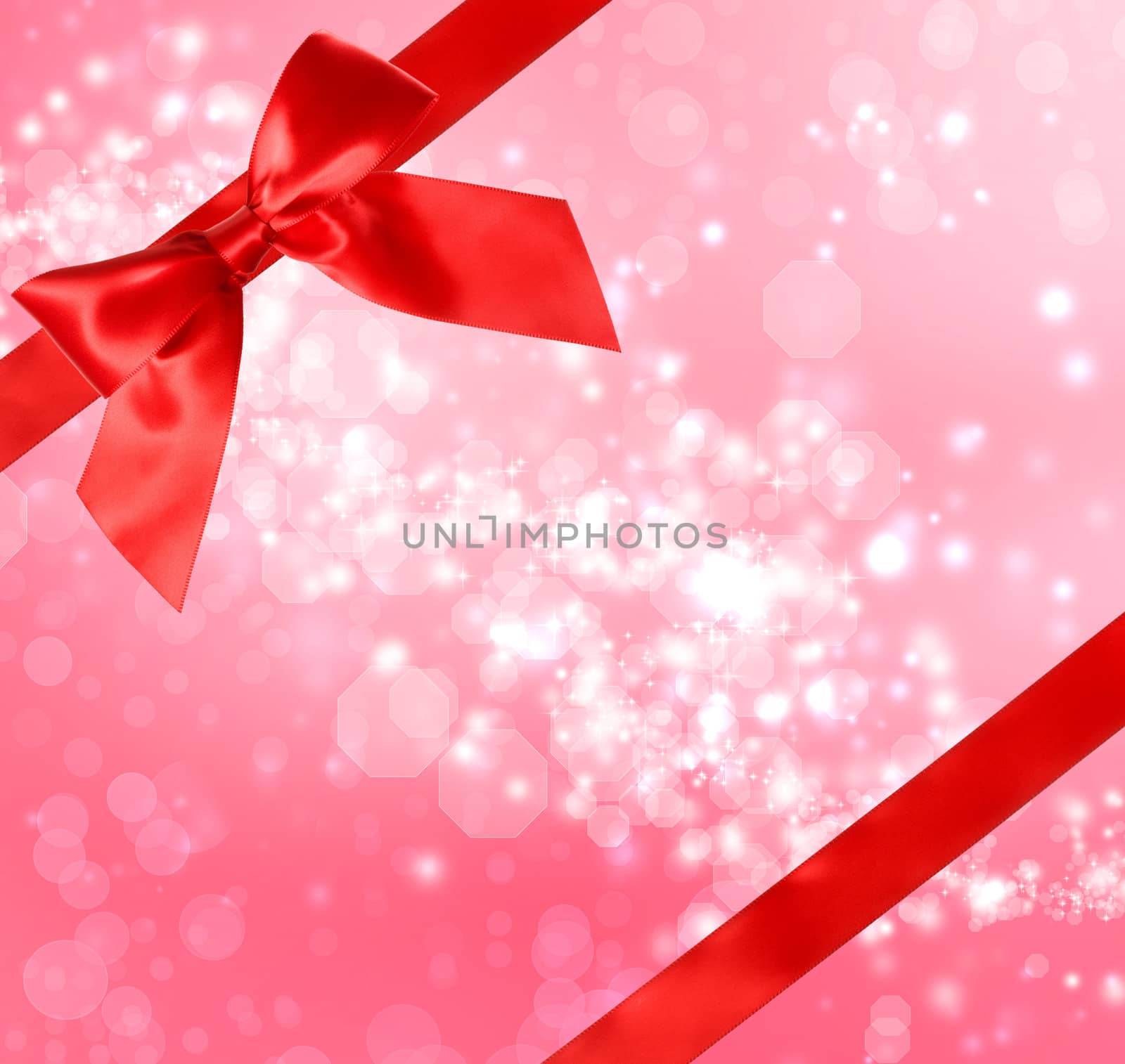Red Bow and Ribbon with Red Abstract Lights Background 
