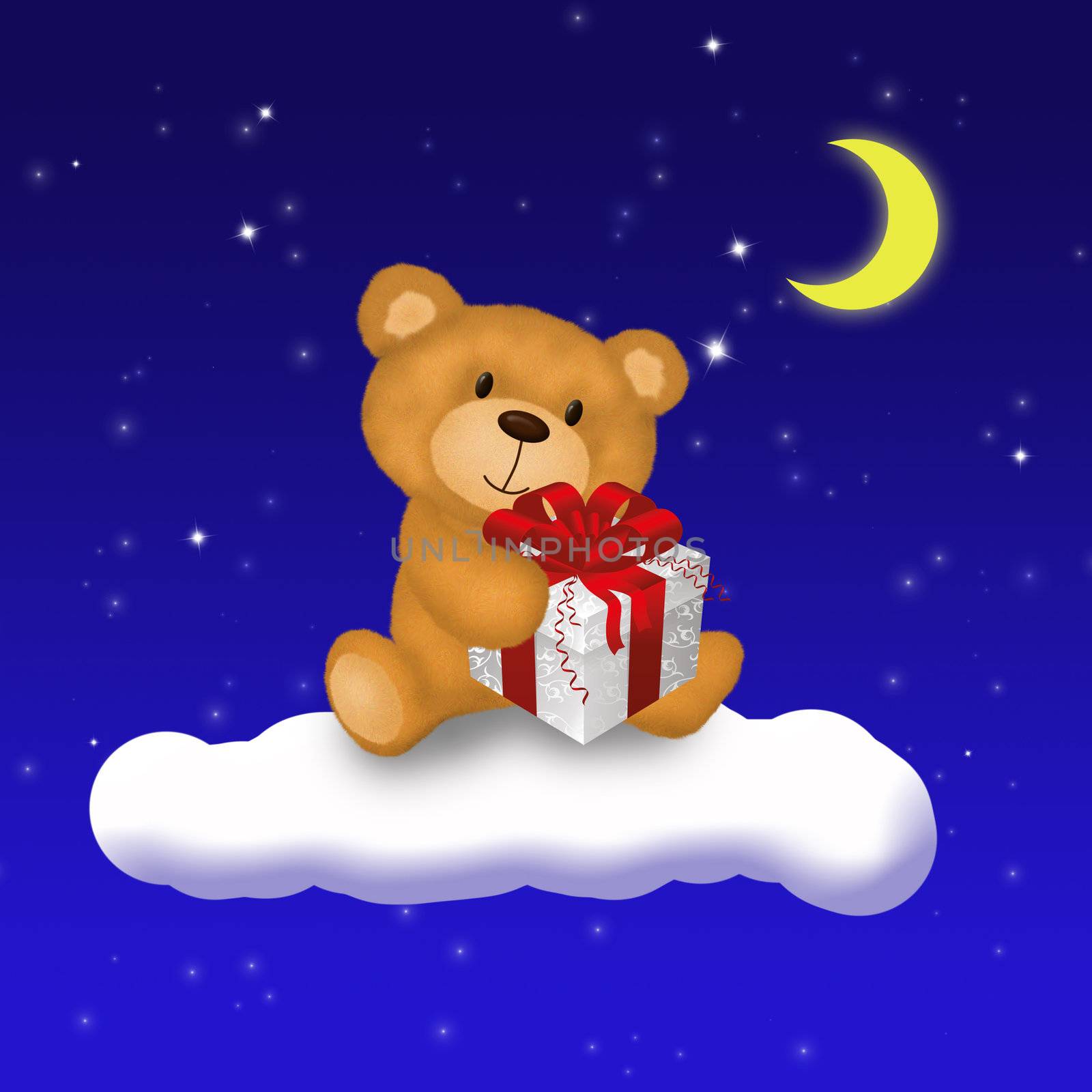A cute Teddy Bear holding a gift box and sitting on a cloud in front of a blue night sky with brigh stars and moon.