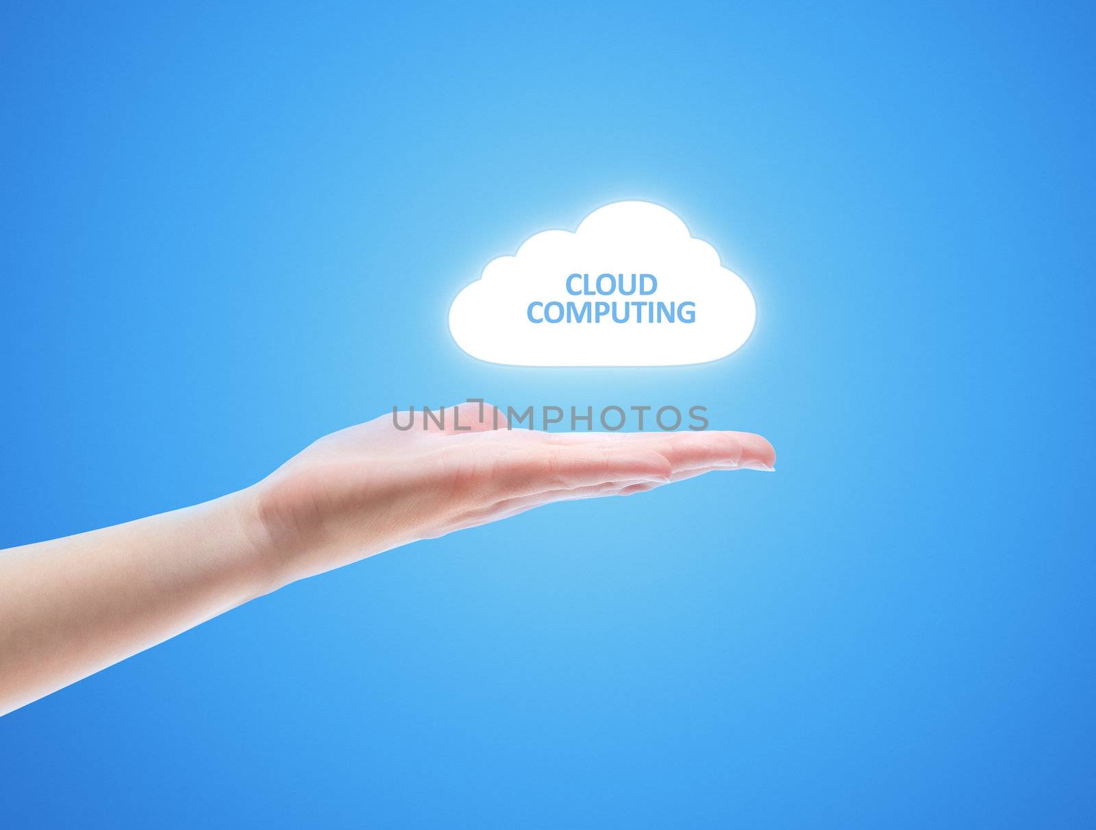 Woman hand share the cloud against blue background. Concept image on cloud computing theme with copy space.