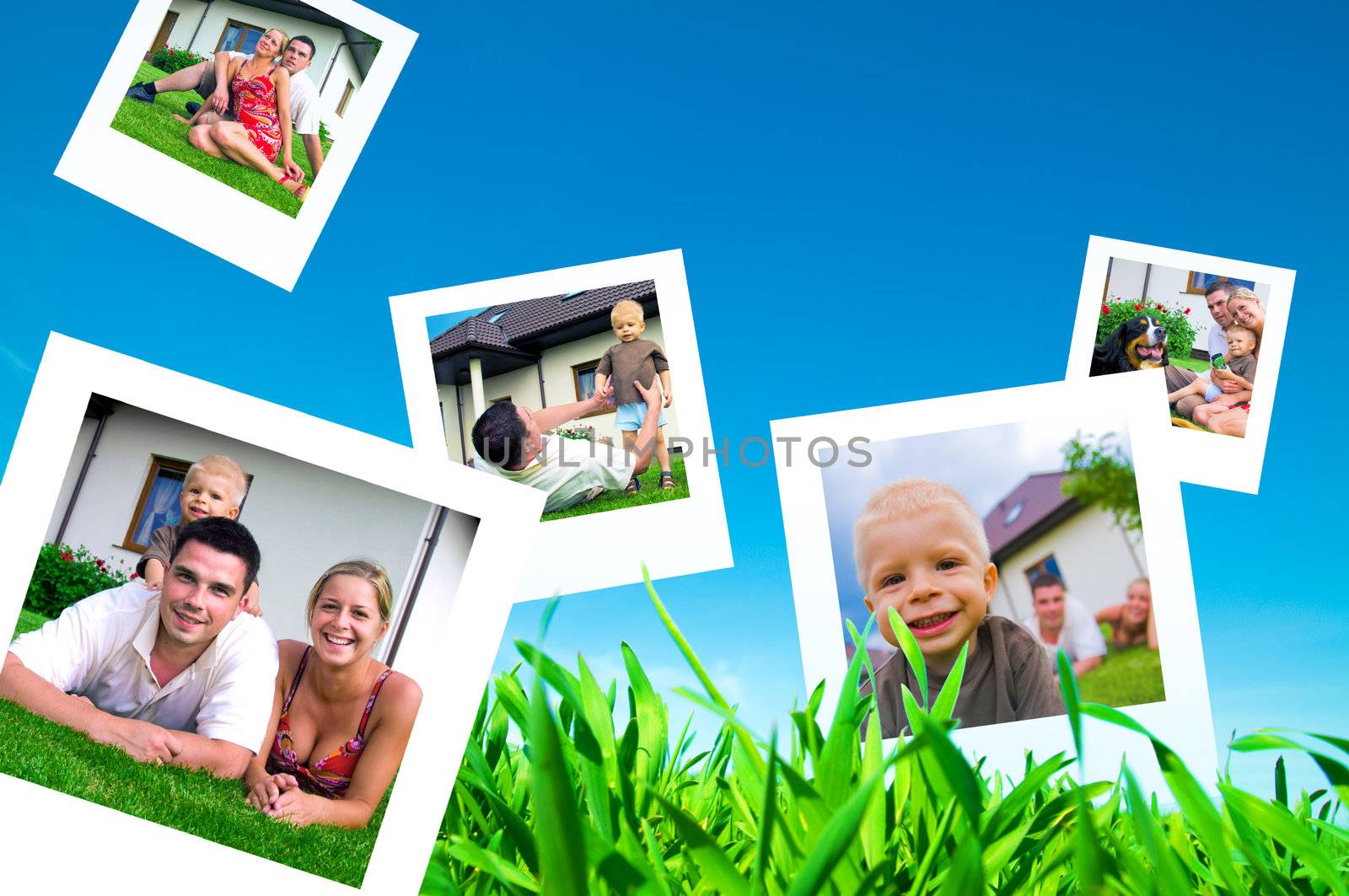 Pictures of a happy family flying on blue sky