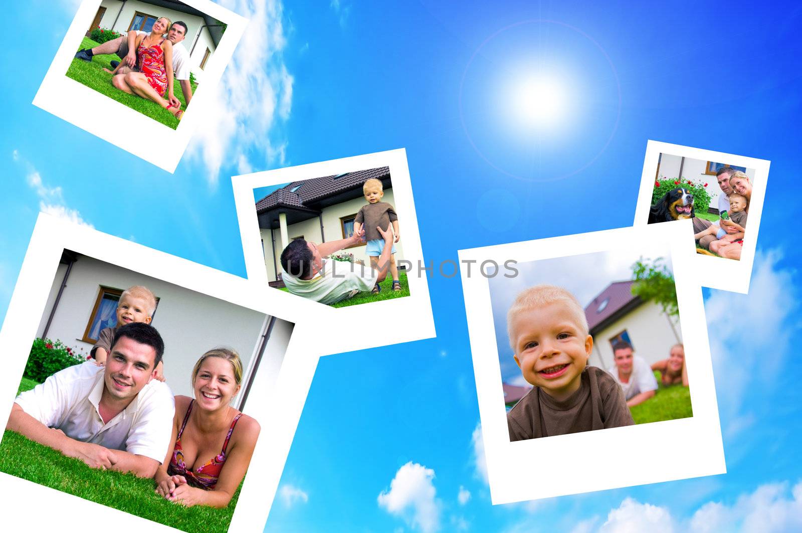 Pictures of a happy family flying on blue sky