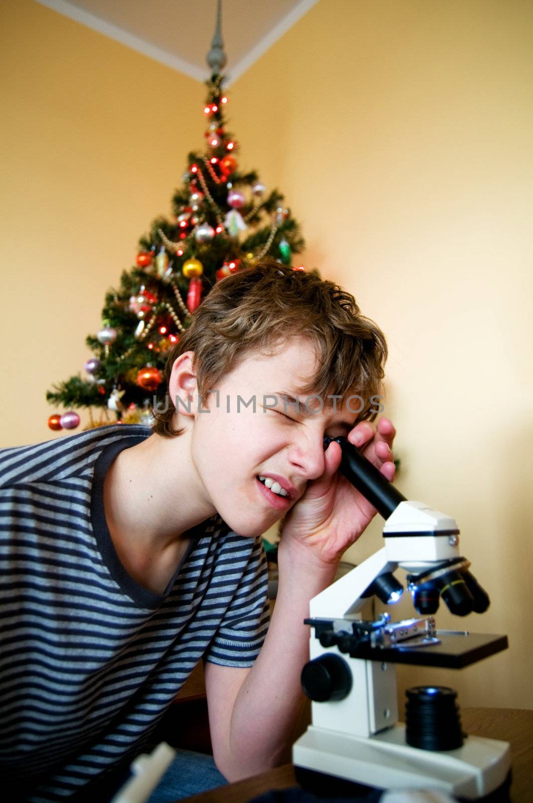 Young boy intrigued by christmas present