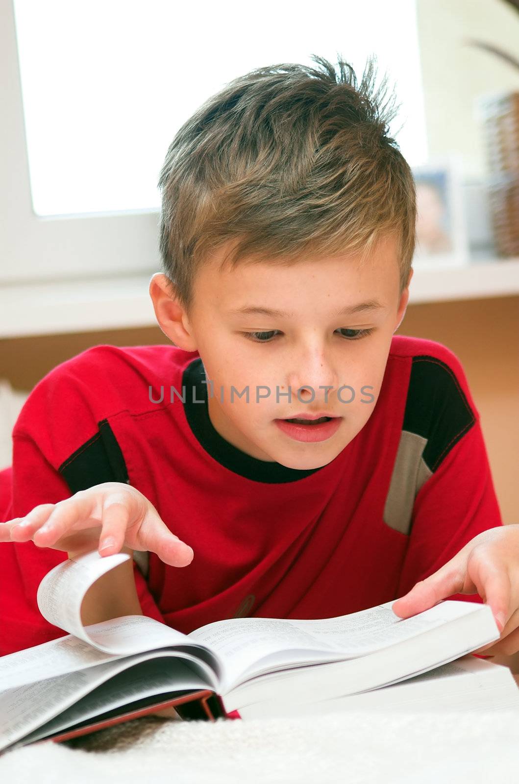 Young boy reading book on the bed 