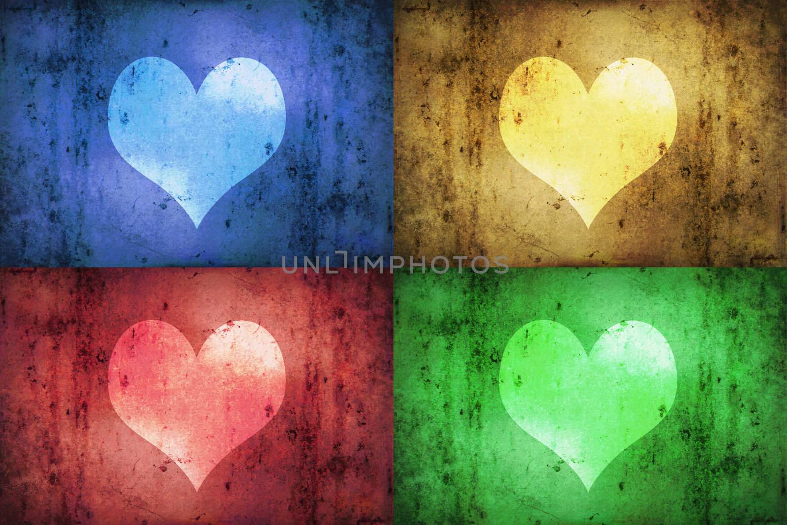 Coloured hearts design: a blue, yellow, red and green heart on a grungy background.