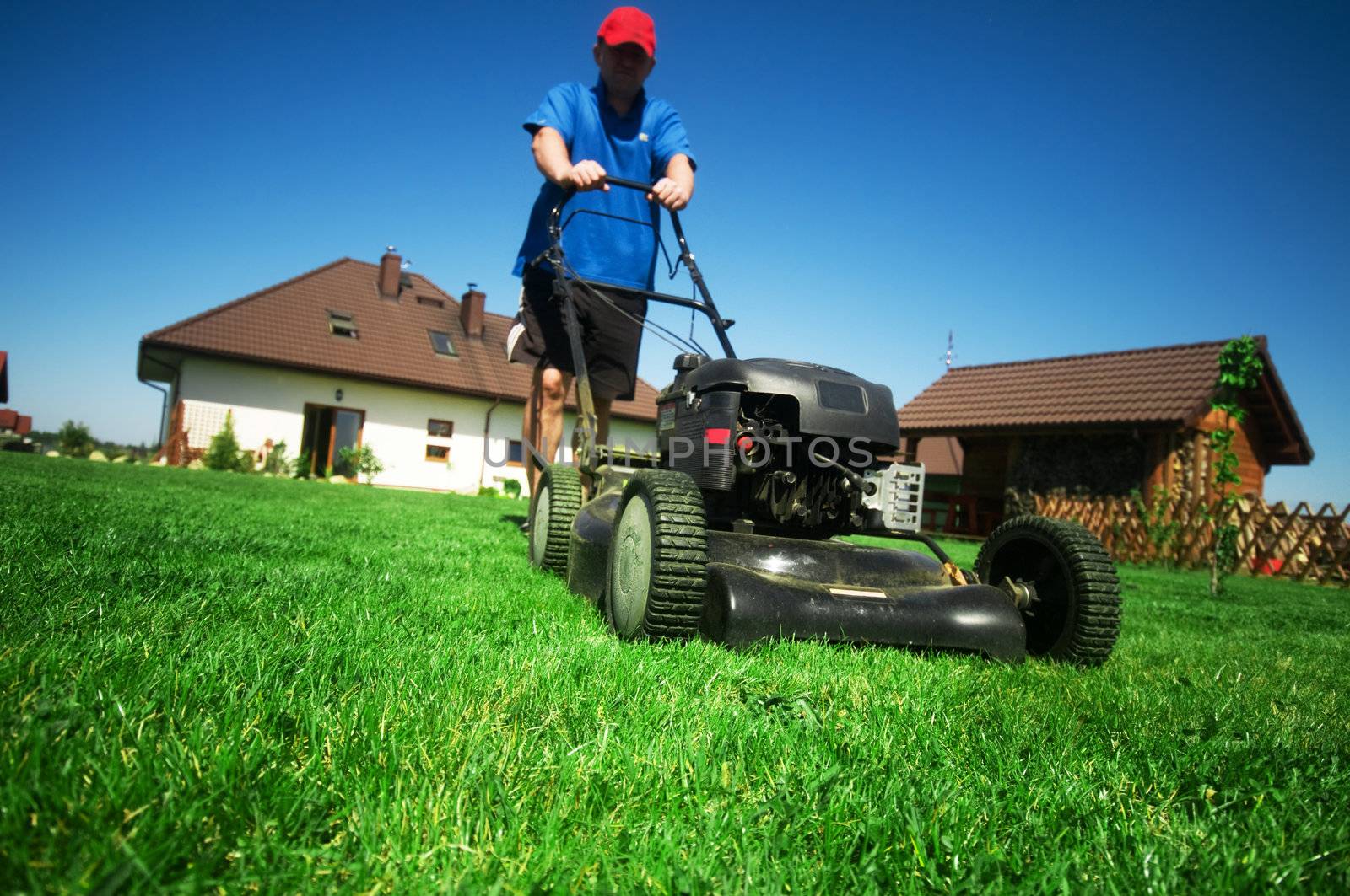 Man mowing the lawn. Gardening 