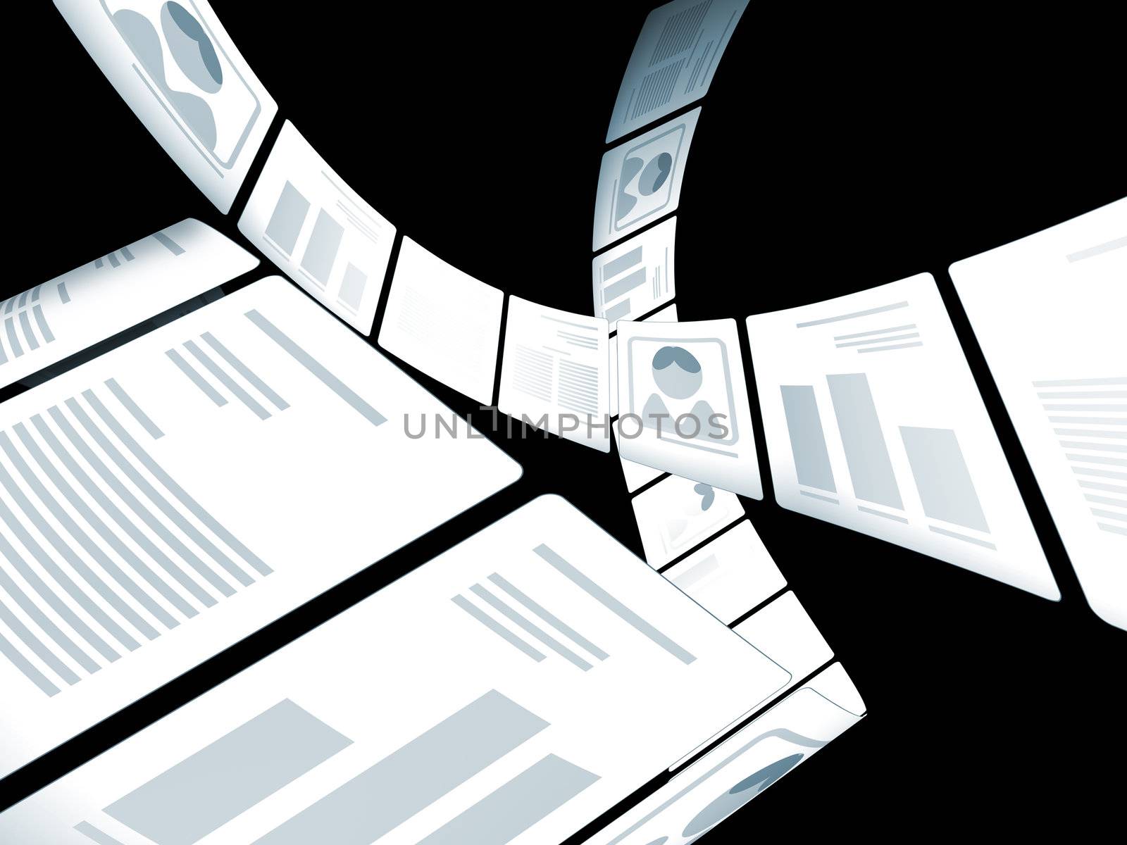 Interplay of perspective lines, documents, and symbols on the subject of business transactions, data processing, telecommunications and Internet.