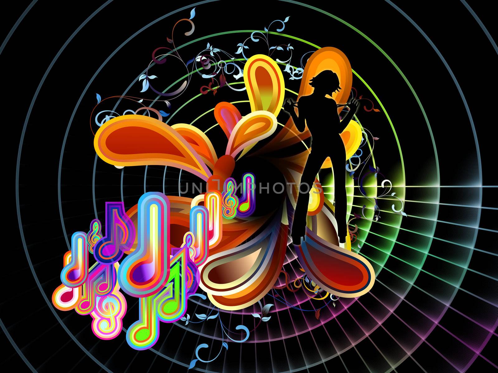 Interplay of musical symbols and abstract forms on the subject of music, song, performance and celebration