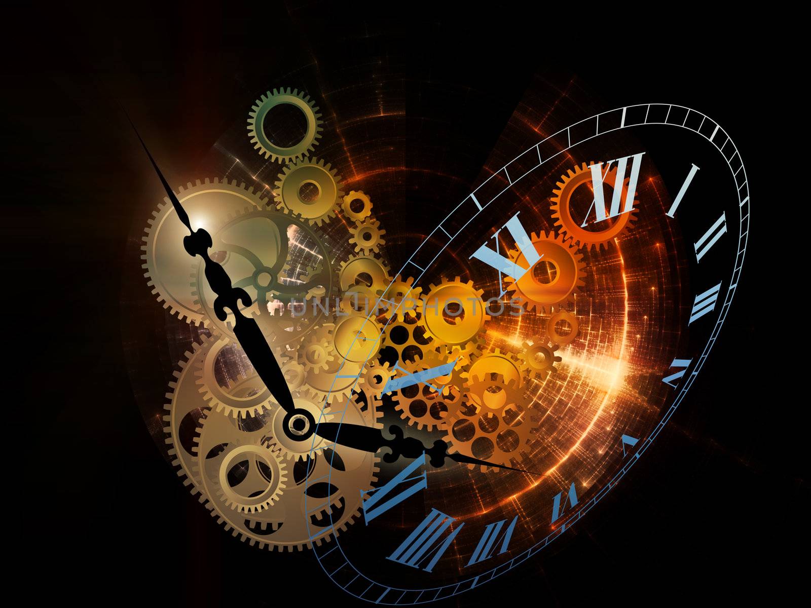 Abstract interplay of clock symbols and graphic elements on the subject of time, technology, past, present and future.