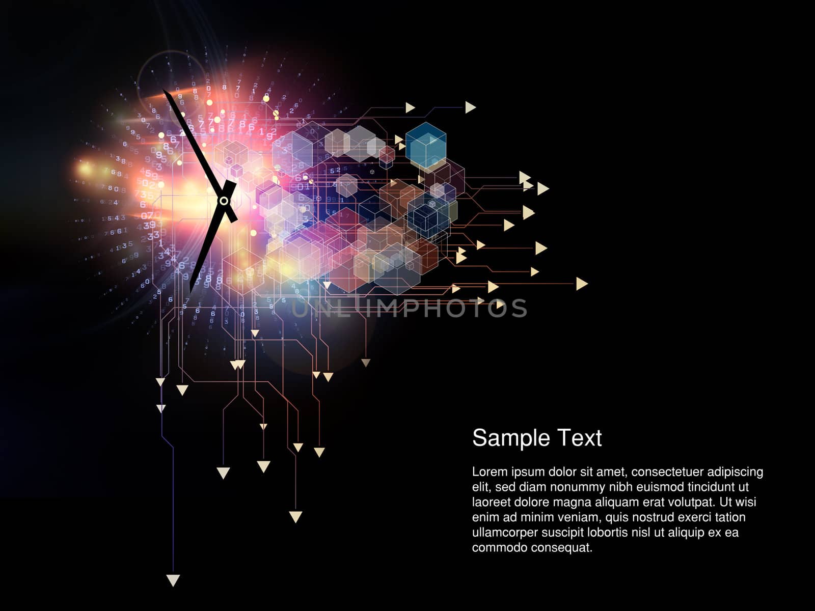 Interplay of digits, network components, clock hands, lights and abstract graphic elements on the subject of modern technologies, time, computers, Internet and virtual reality
