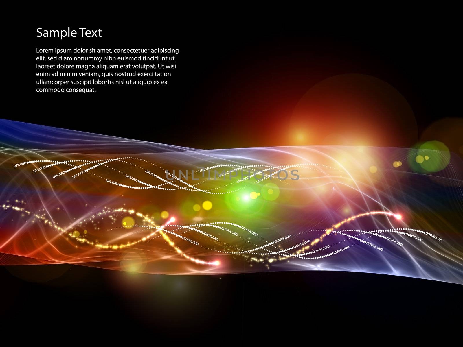 Interplay of lights, colors, sine curves and abstract design elements on the subject of data transfer, modern technology, digital communications and computers